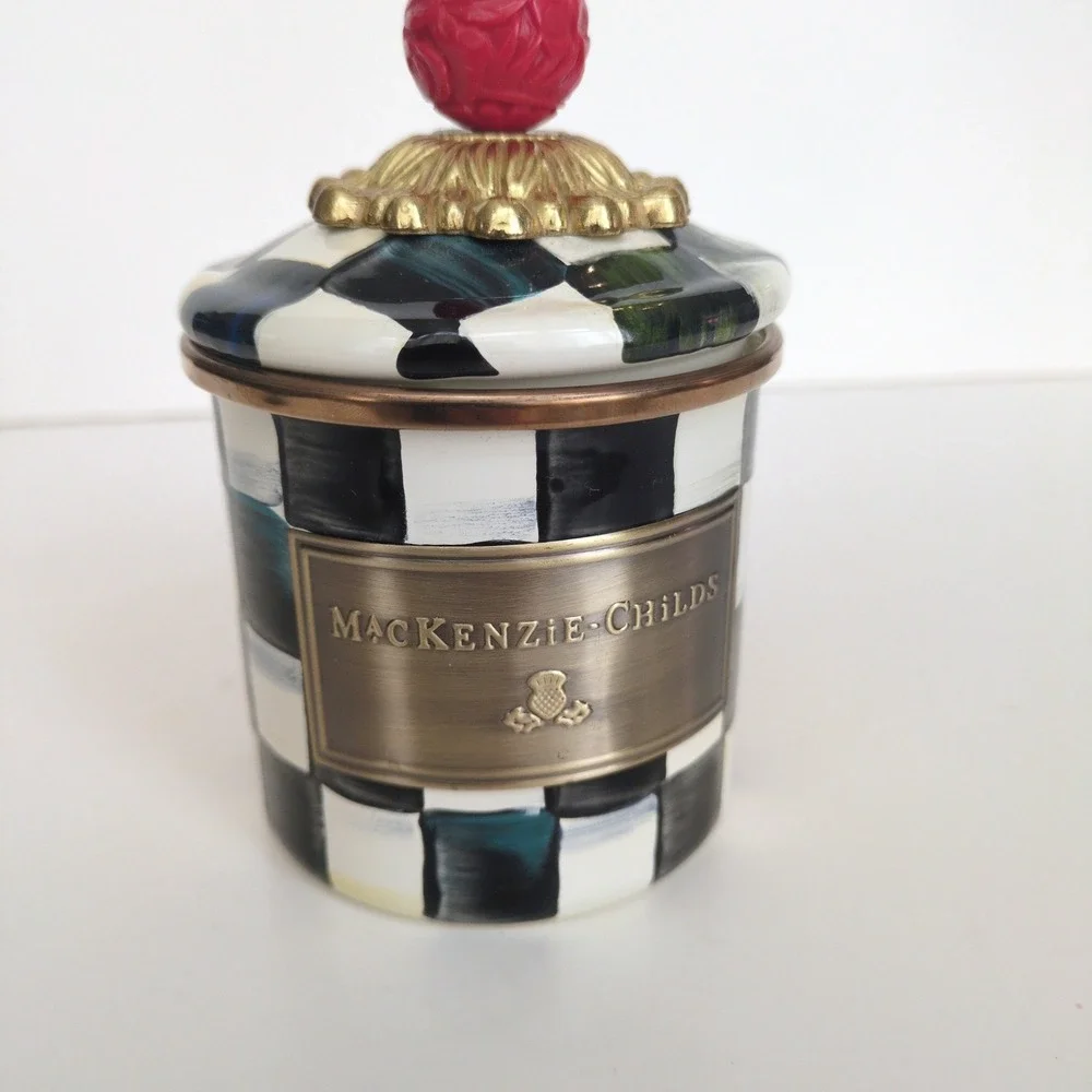 MacKenzie Childs Courtly Check Enamel Canister Small Metal Black White Jar 5.75